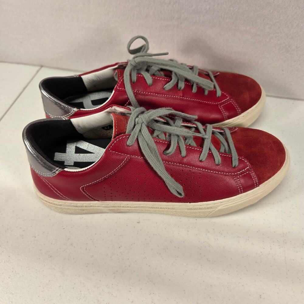 P448 Ruby Red Leather Suede Low Top Sneakers Gray Lace Shoes EU 42 NWOT - Picture 12 of 16